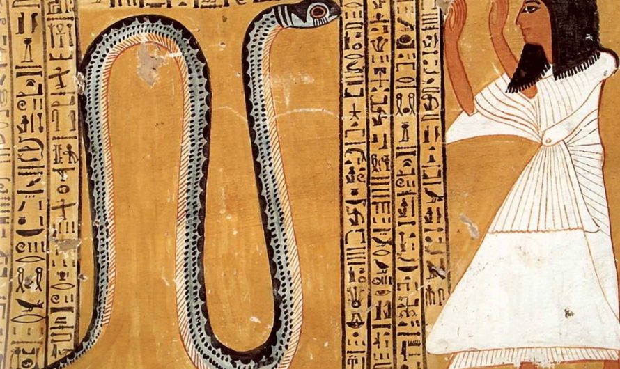 Tomb painting of Inherkhau worshiping the serpent god Sata