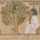 Khonsu-mes receives libation of food and drink from the tree goddess.