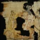 Satirical papyrus: two cats serving a mouse